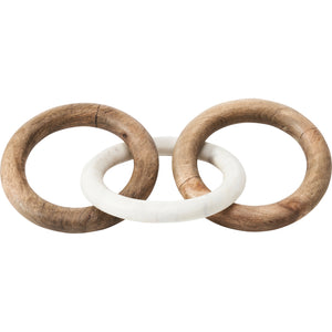 Lusine Decorative Object featuring three interlocking rings, two wooden and one white marble.