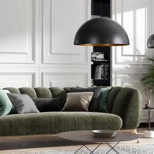 Sina Ceiling Fixture above a green sofa with various pillows, set in a modern living room.