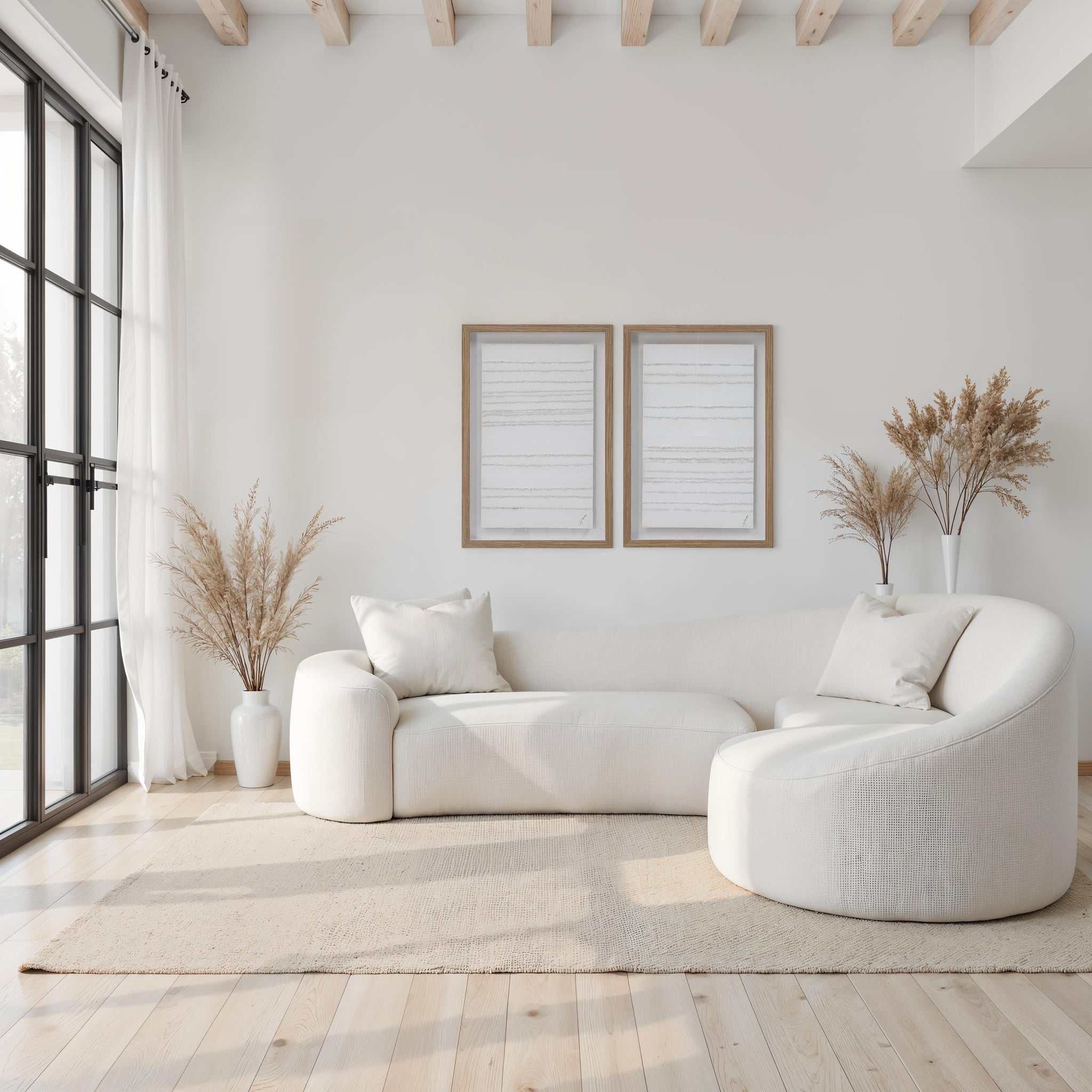 Trax wall art in a modern living room with a white sofa and natural decor.