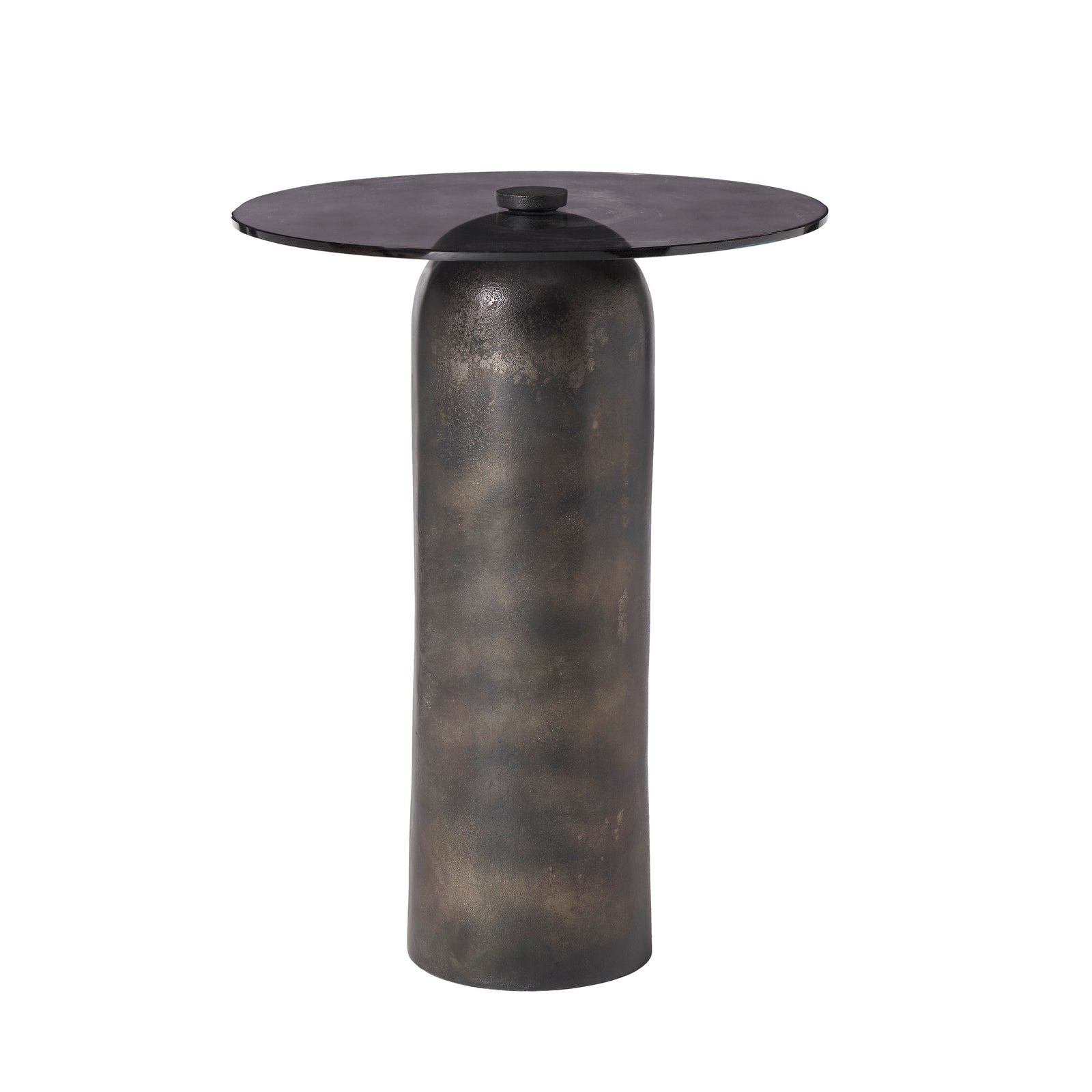 Arta accent table with a cylindrical dark bronze base and a round black glass top.