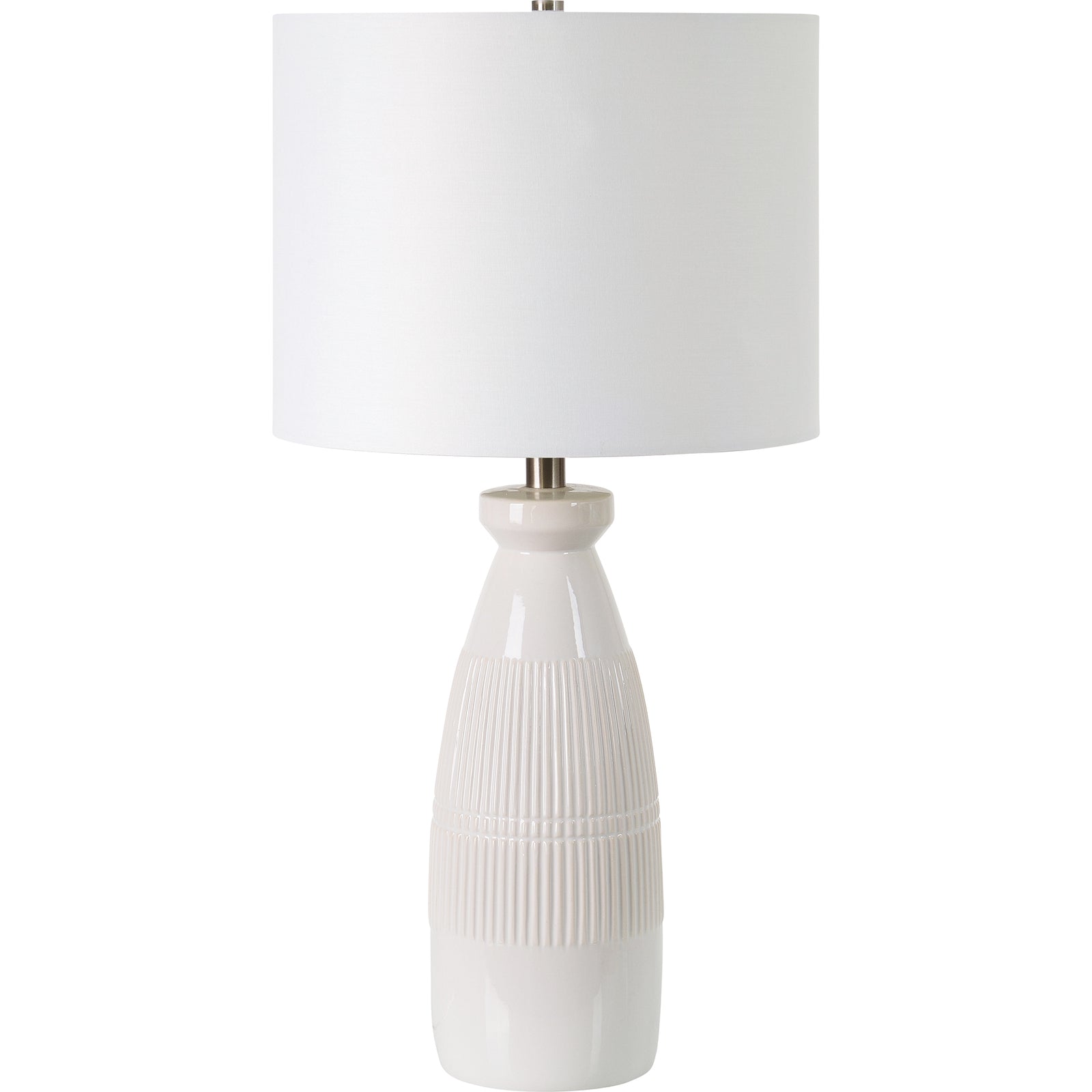 Nado Table Lamp with a white fabric shade and a ceramic base featuring ribbed texture