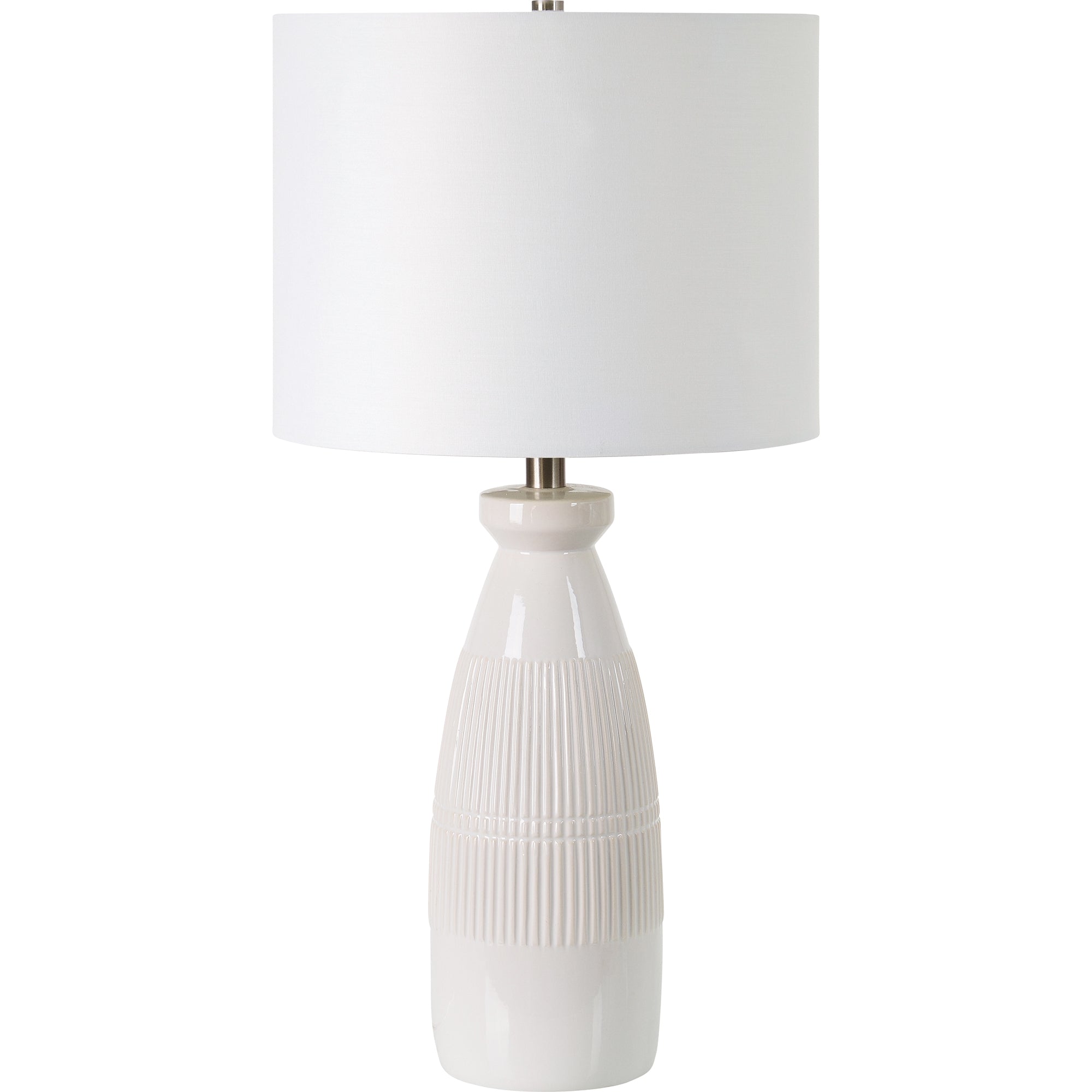 Nado Table Lamp with a white fabric shade and a ceramic base featuring ribbed texture