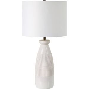 Nado Table Lamp with a white fabric shade and a ceramic base featuring ribbed texture