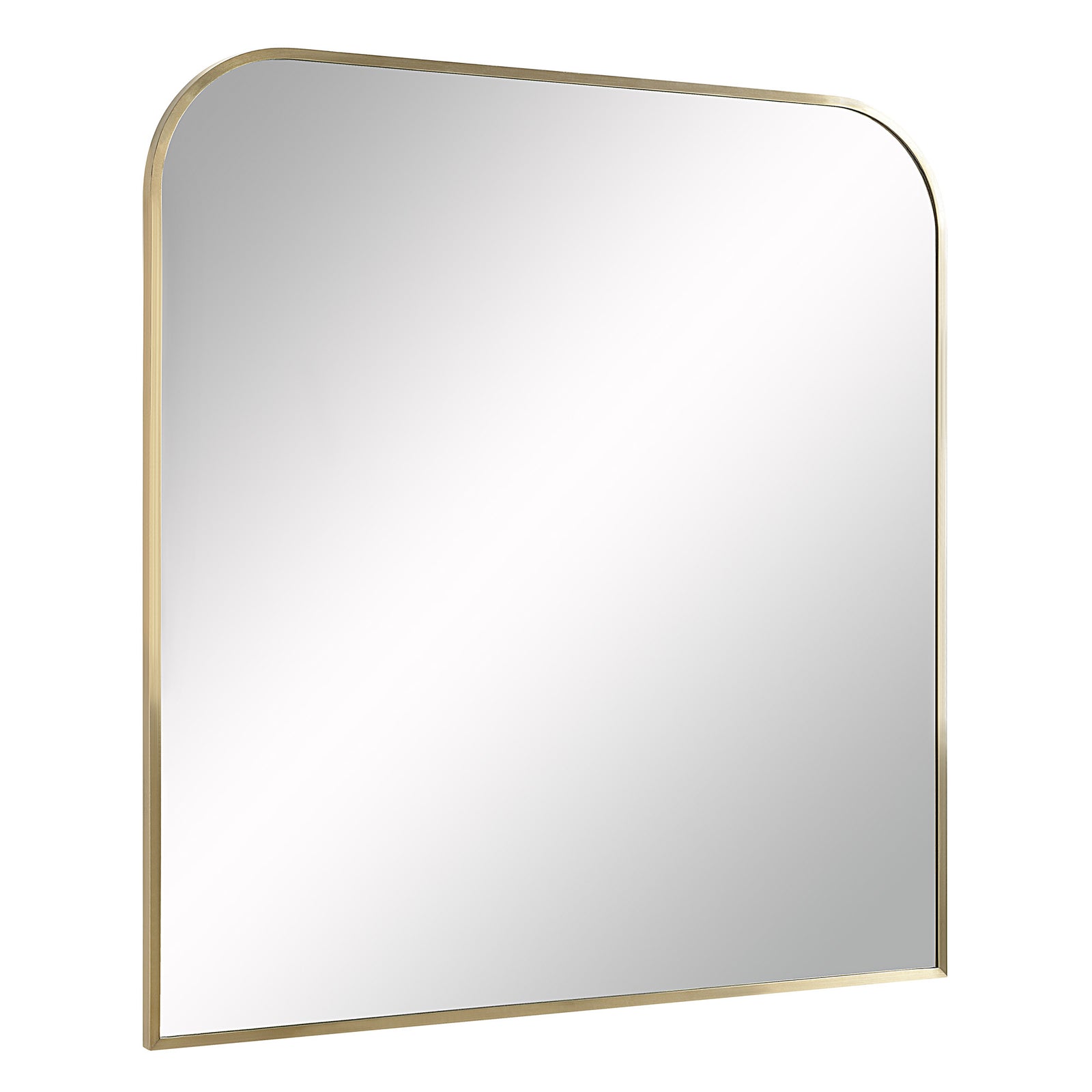 Joan Wall Mirror with rounded top, gold metal frame, and reflective surface.