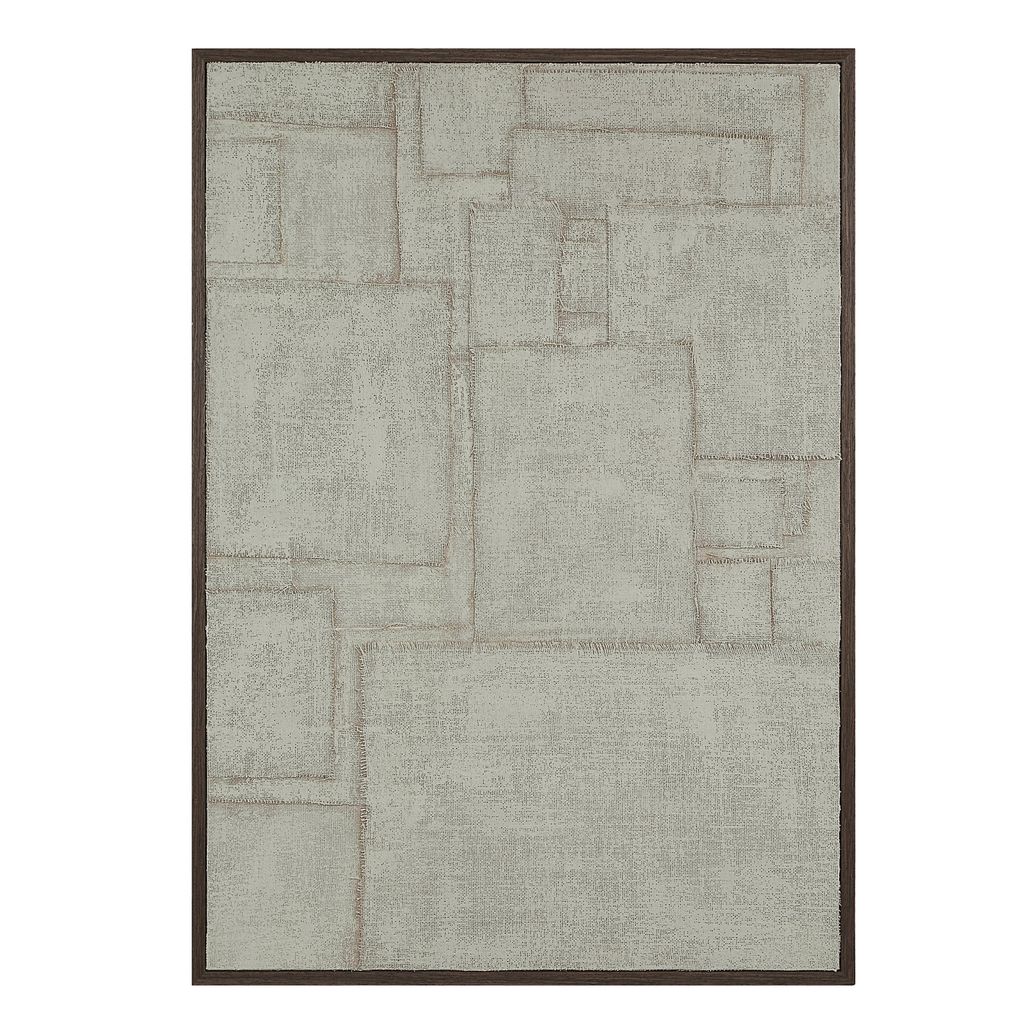 Caramelo wall art in a dark frame, displaying a textured light gray canvas with abstract shapes.
