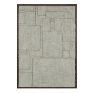 Caramelo wall art in a dark frame, displaying a textured light gray canvas with abstract shapes.