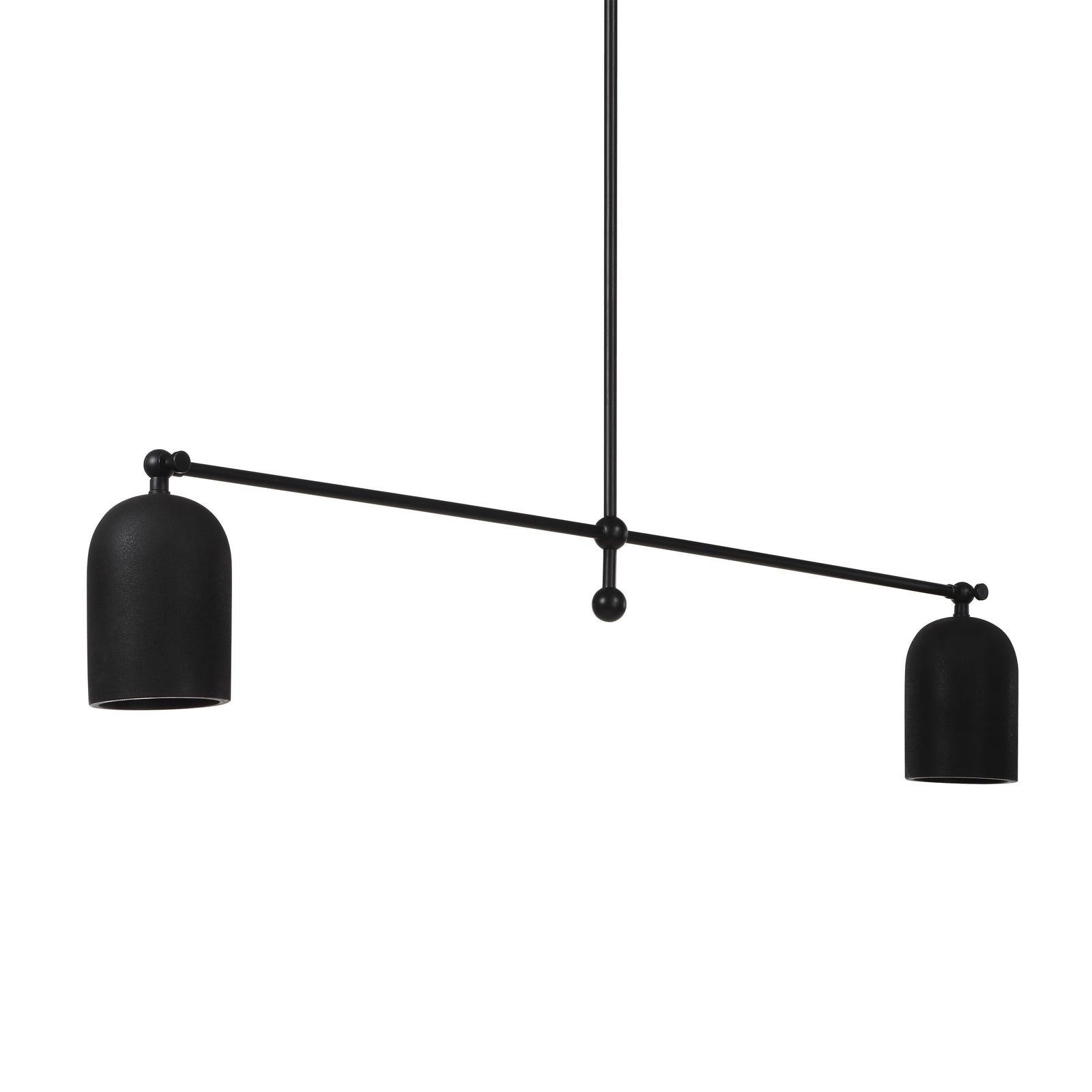 Saskia ceiling light fixture with two black bell-shaped shades and a long black rod.