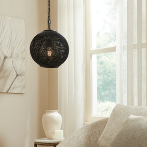 Romika black ceiling light fixture hanging in a bright room with curtains.