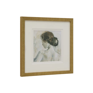 Penelope printed art showing a woman's back profile, framed in a simple gold frame.