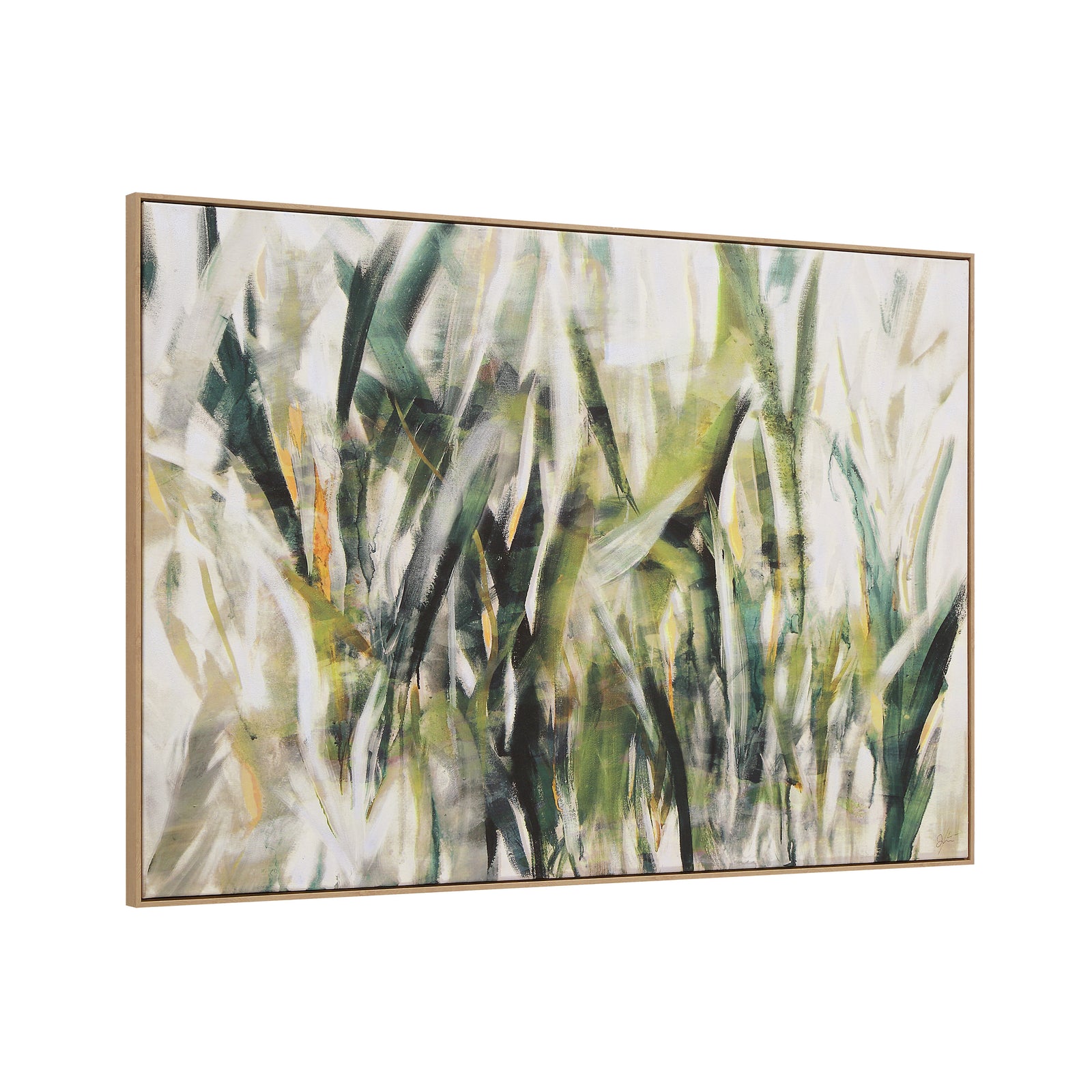 Minthe canvas art featuring abstract green and beige foliage design with gold frame
