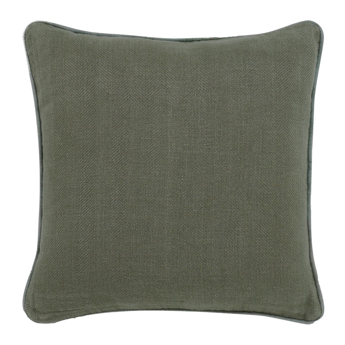 Lavigne Indoor Pillow in olive green with herringbone pattern and piped edges.