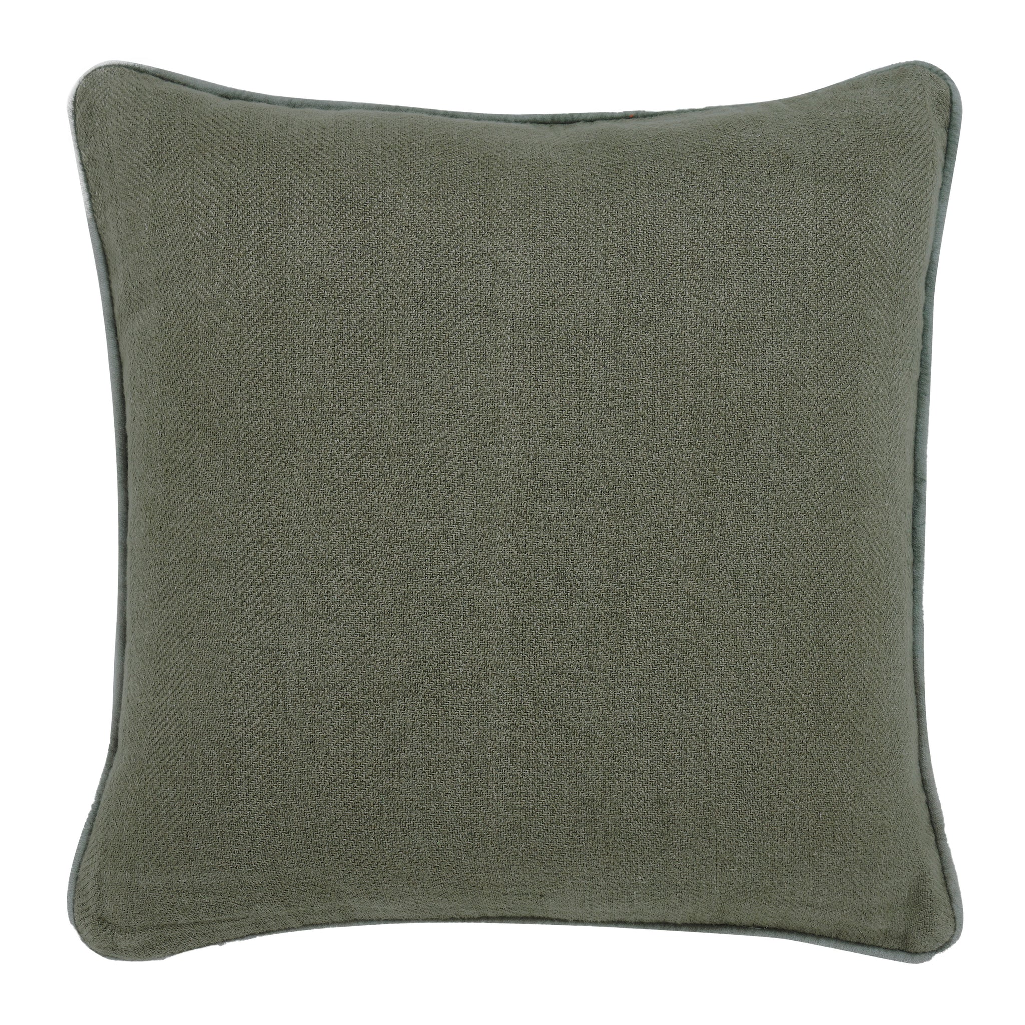 Lavigne Indoor Pillow in olive green with herringbone pattern and piped edges.