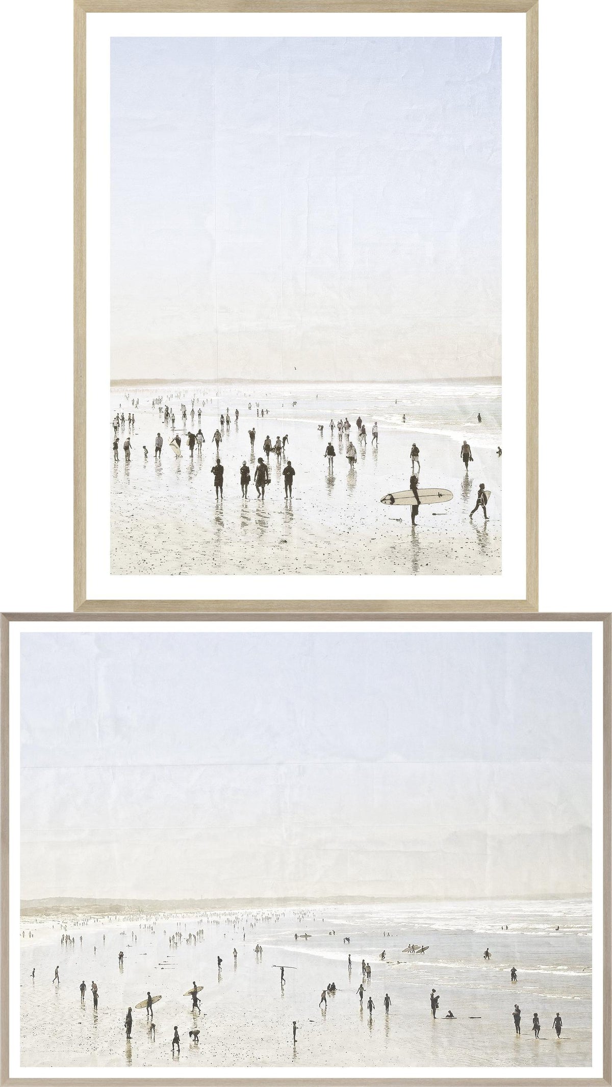 Idyllic Surf I & II Bundle featuring two framed wall art pieces depicting a beach scene with surfers and beachgoers, in soft pastel colors.