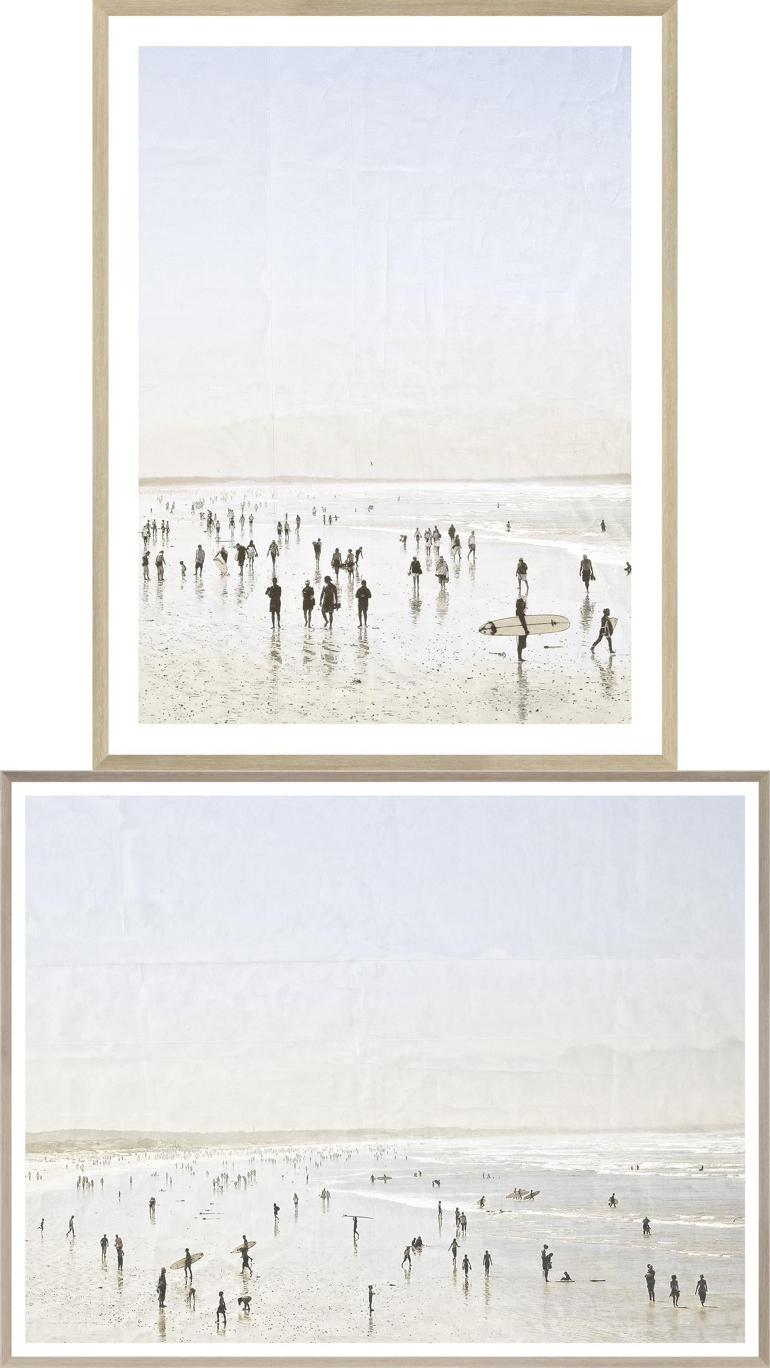 Idyllic Surf I & II Bundle featuring two framed wall art pieces depicting a beach scene with surfers and beachgoers, in soft pastel colors.