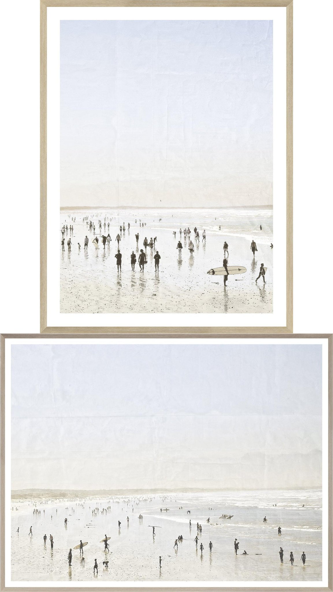 Idyllic Surf I & II Bundle featuring two framed wall art pieces depicting a beach scene with surfers and beachgoers, in soft pastel colors.