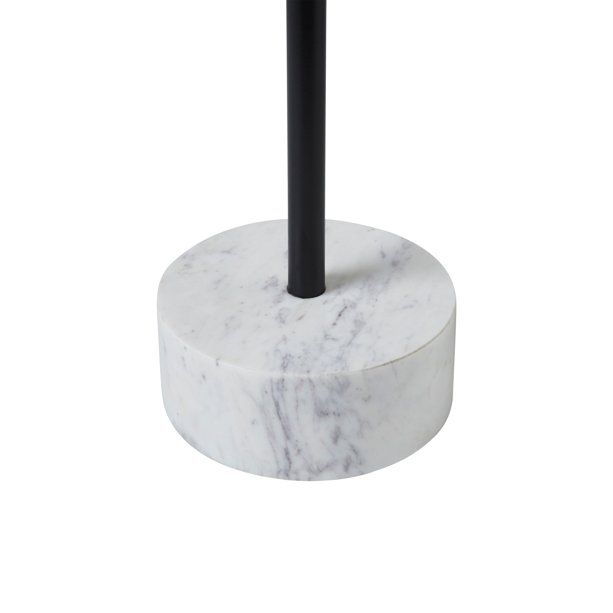 Antares Side Table highlighting the white marble base with a black metal pole.