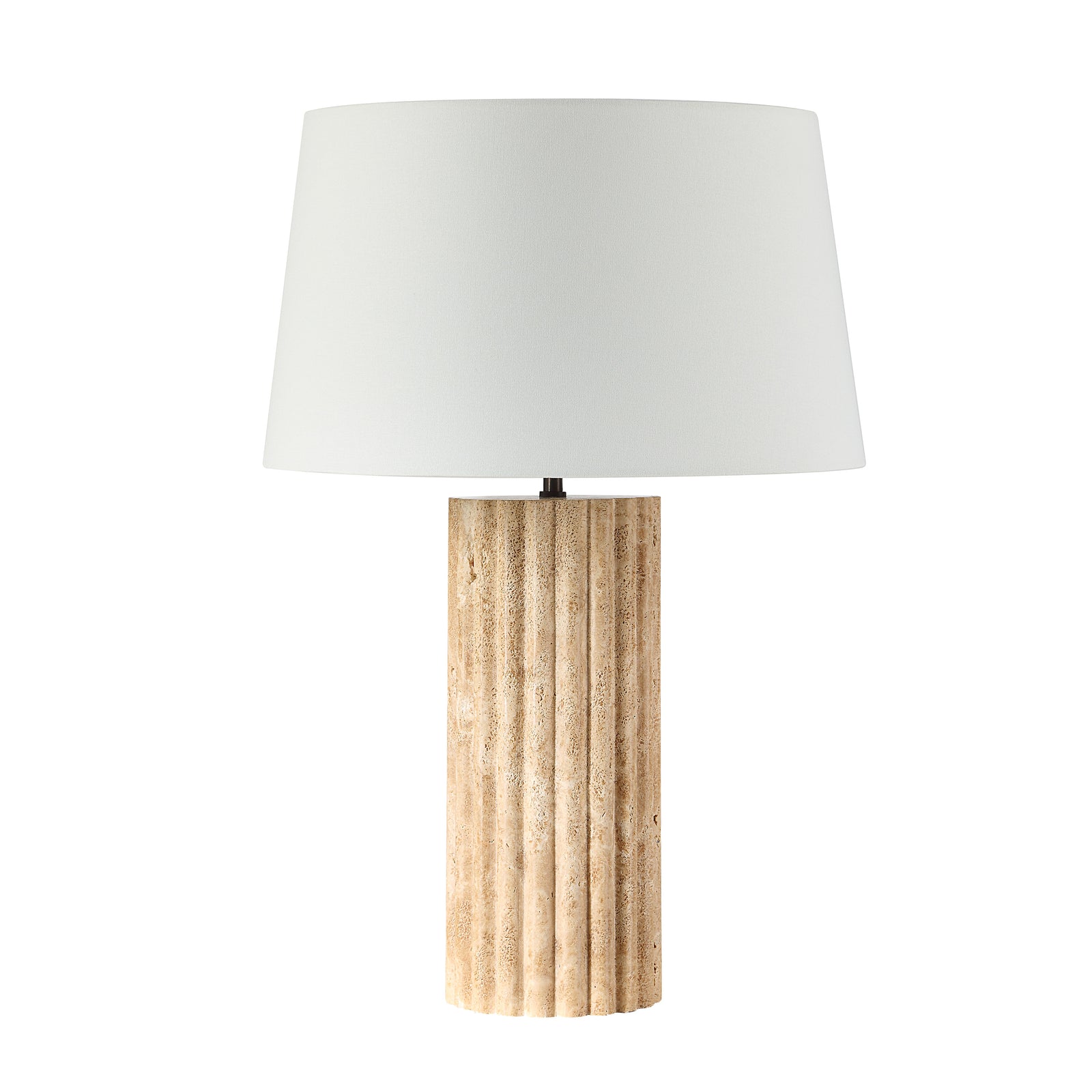 Milena Table Lamp with a textured beige base and a white fabric shade