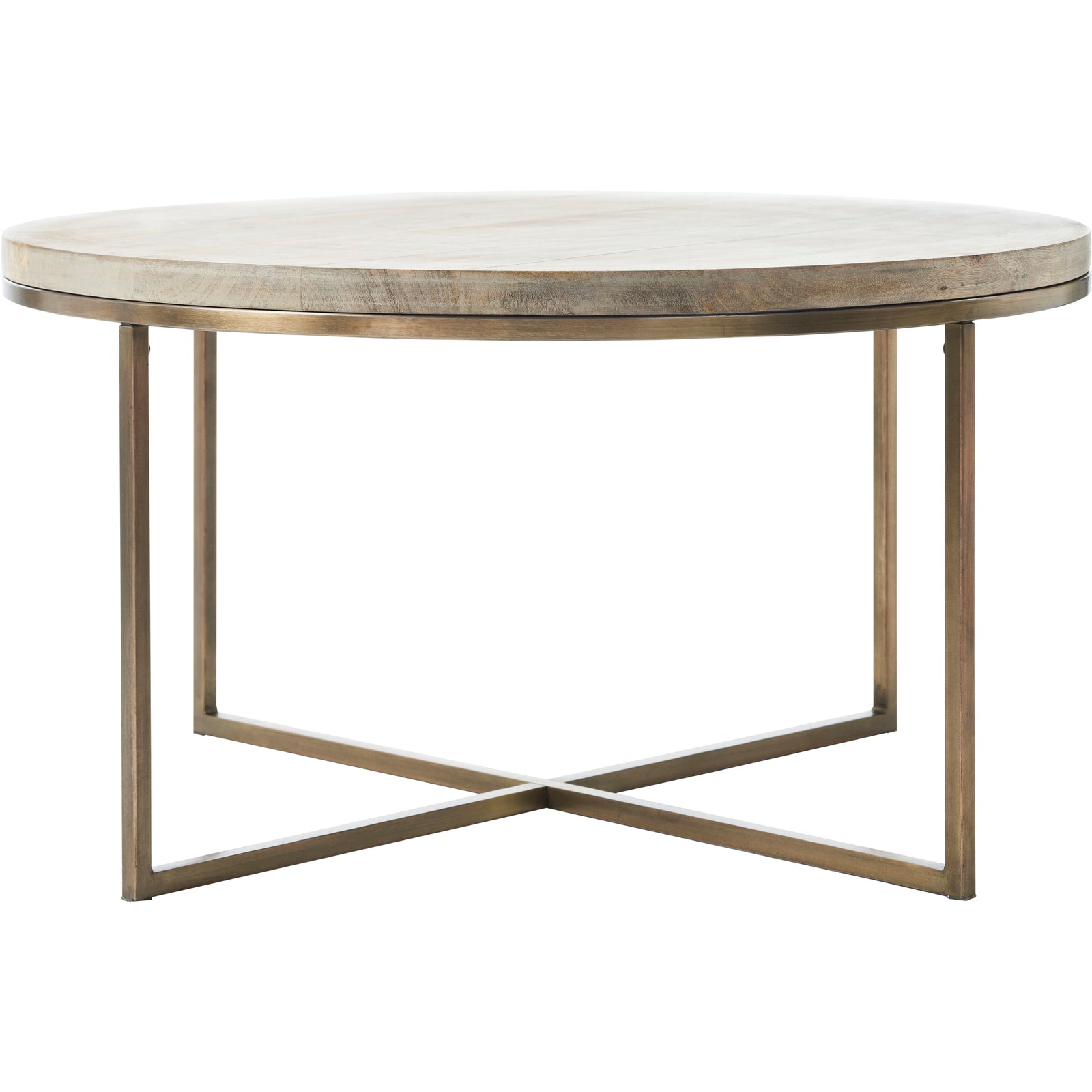 Liana Table with a round wooden top and bronze metal legs, viewed from the side.