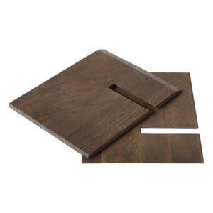 Ocra book holder pieces laid flat, showcasing the dark wood material and unique shapes.