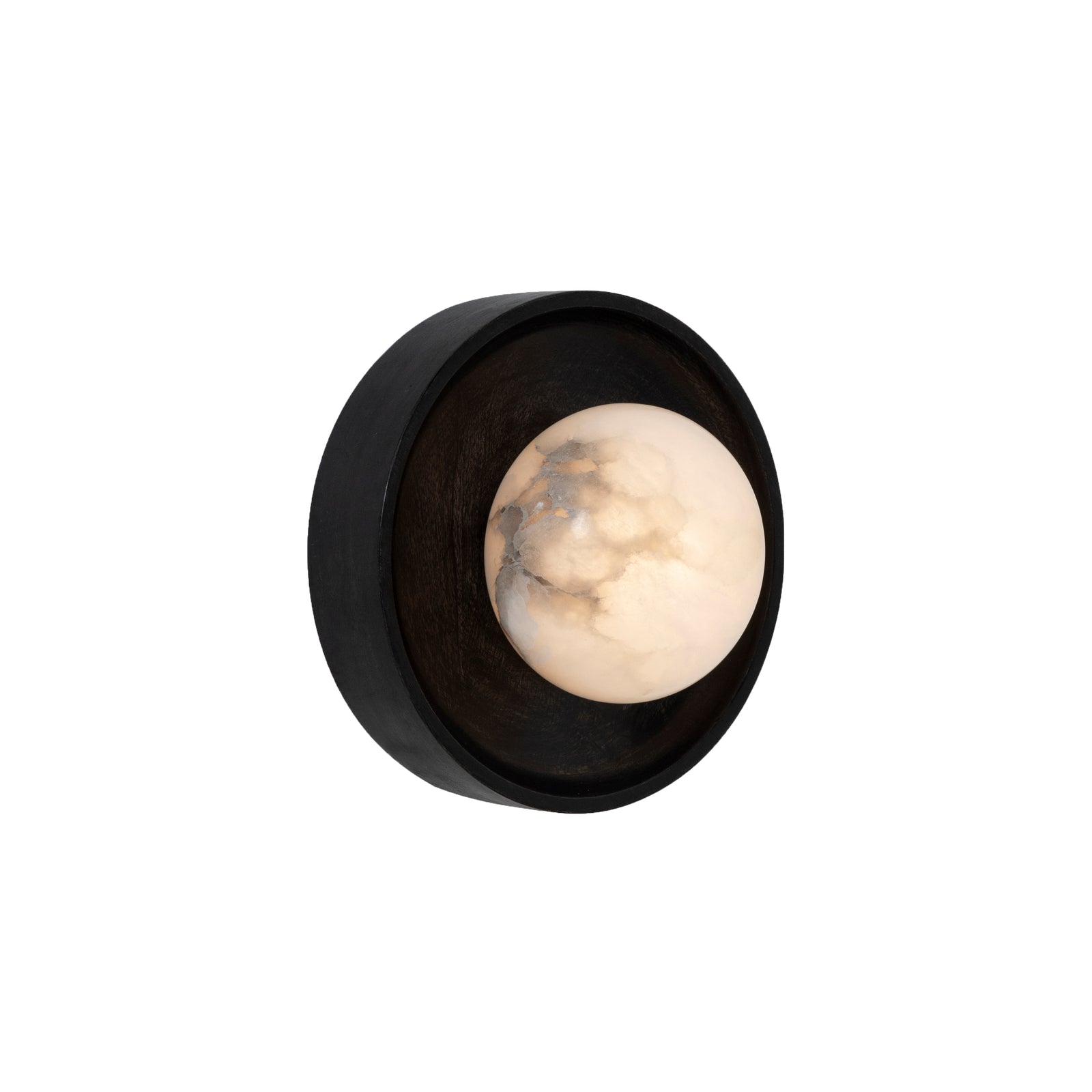 Haloa wall sconce with a round white alabaster bulb in a black wooden base