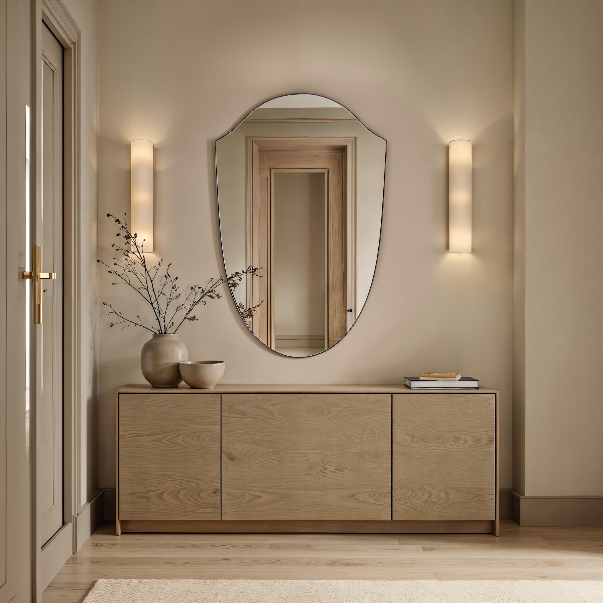 Reims mirror with an oval shape, framed in black, above a light wood sideboard with decorative vases and books.