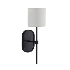 Fico Wall Sconce by Renwil with a white shade and black metal mount, angled view.