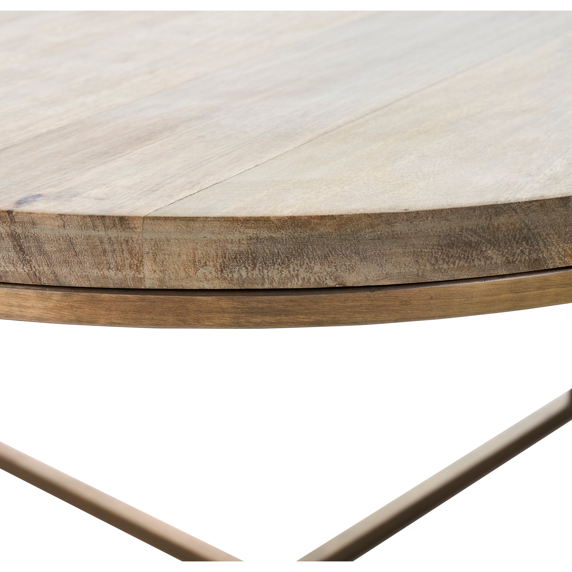 Close-up view of Liana Table's round wooden edge and bronze trim, highlighting craftsmanship.