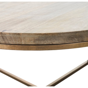 Close-up view of Liana Table's round wooden edge and bronze trim, highlighting craftsmanship.