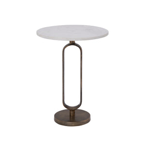 Irene Side Table with round marble top and bronze metal base, showcasing minimalist design.