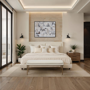 Paredes 18.0" Height Bench in a stylish bedroom with abstract wall art.