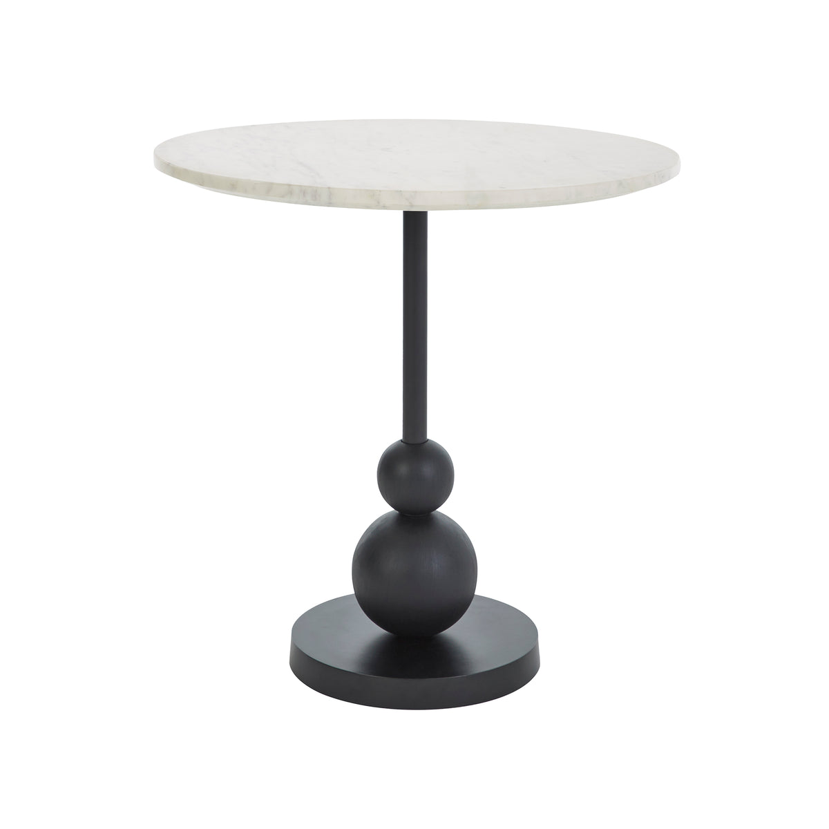 Corrine Table with round white marble top and black base featuring a spherical design