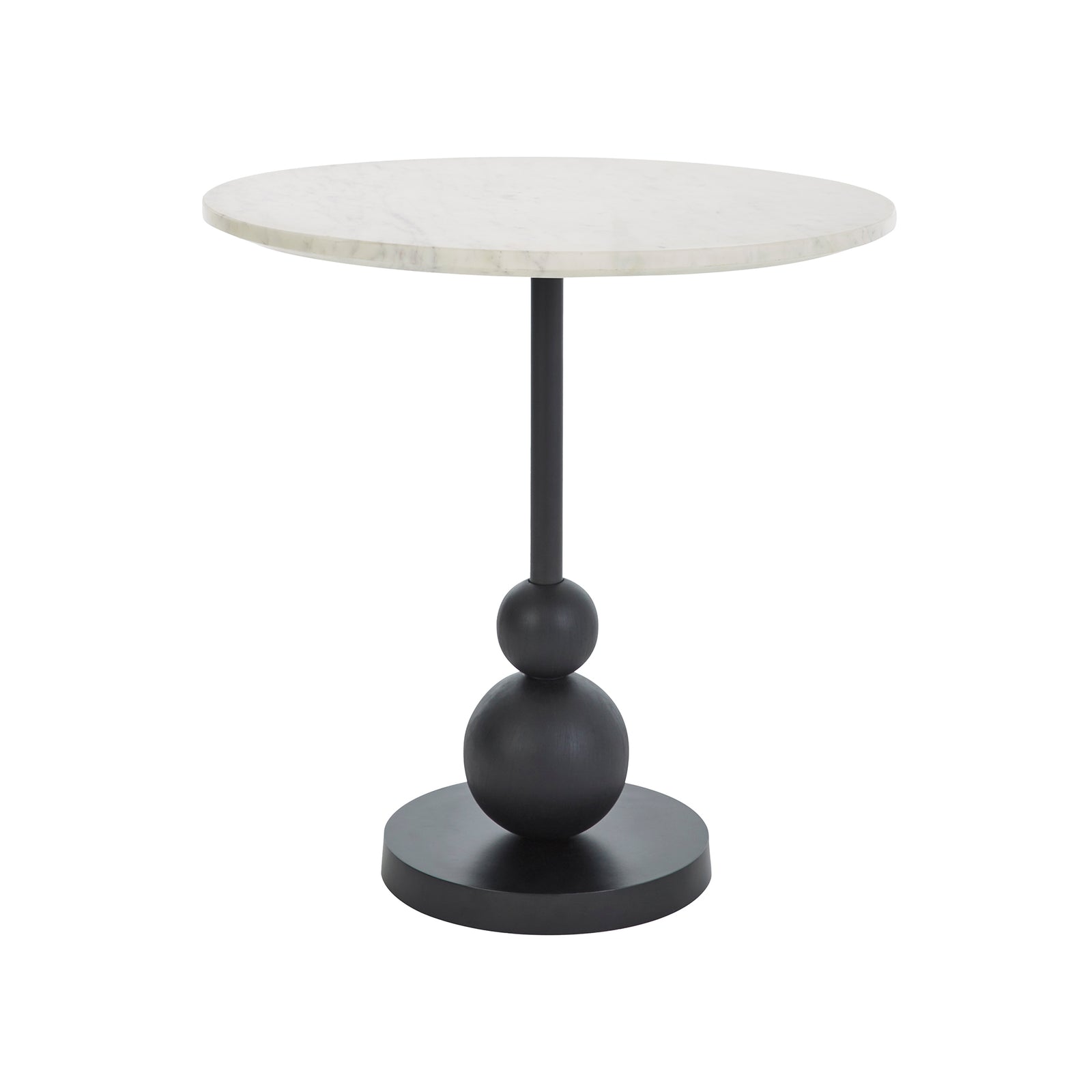 Corrine Table with round white marble top and black base featuring a spherical design