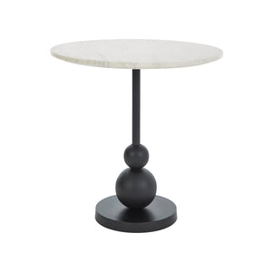 Corrine Table with round white marble top and black base featuring a spherical design