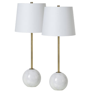 Naomi Table Lamp set with white fabric shades and marble bases, featuring brass stems.