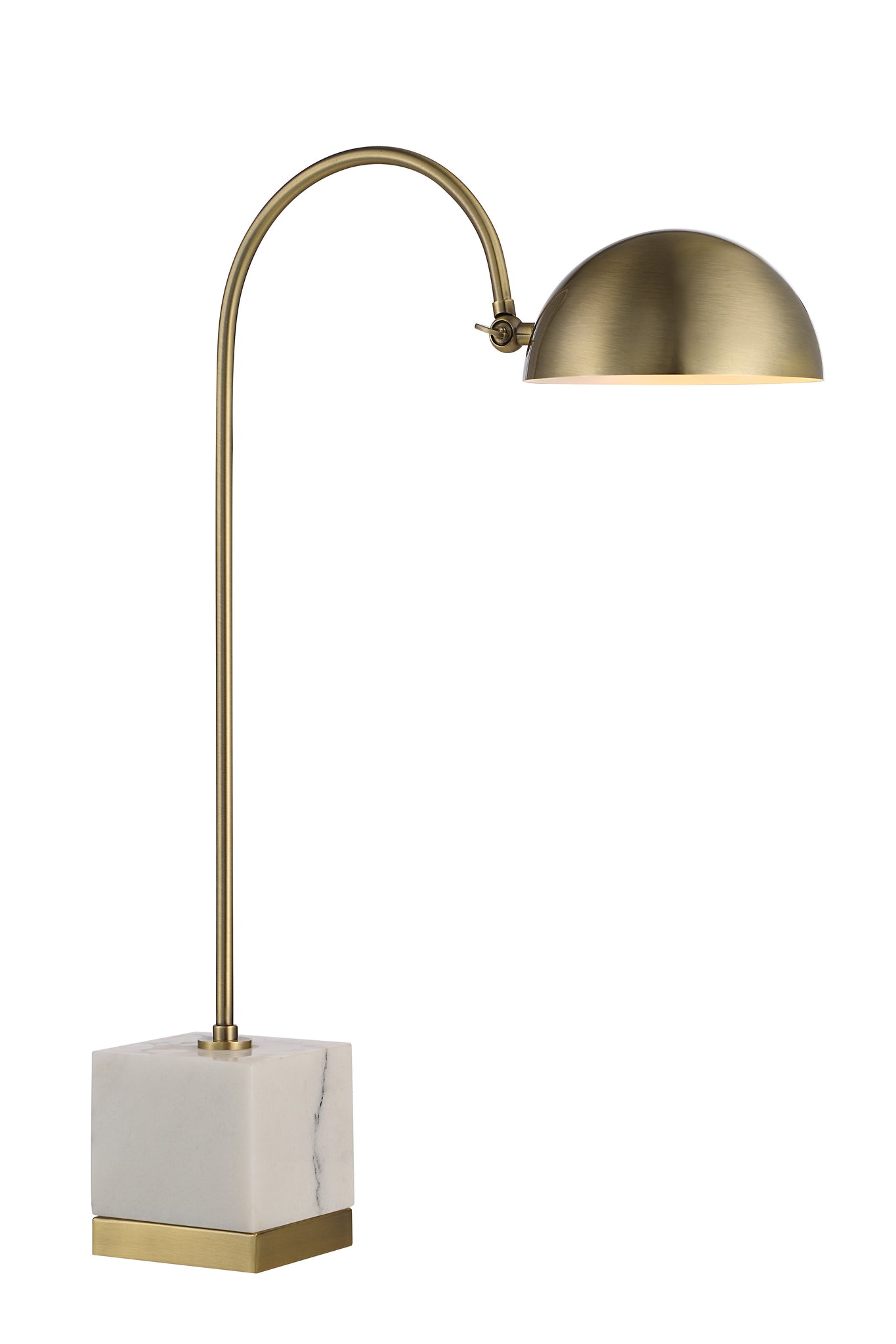 Volos Table Lamp featuring a brass arm and marble base, positioned elegantly with a dome shade.