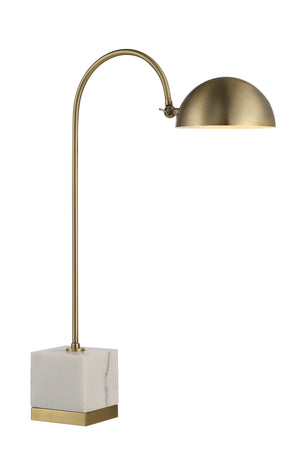 Volos Table Lamp featuring a brass arm and marble base, positioned elegantly with a dome shade.