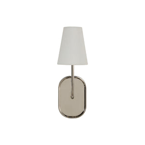 Annona wall sconce featuring a white fabric shade and polished nickel base.
