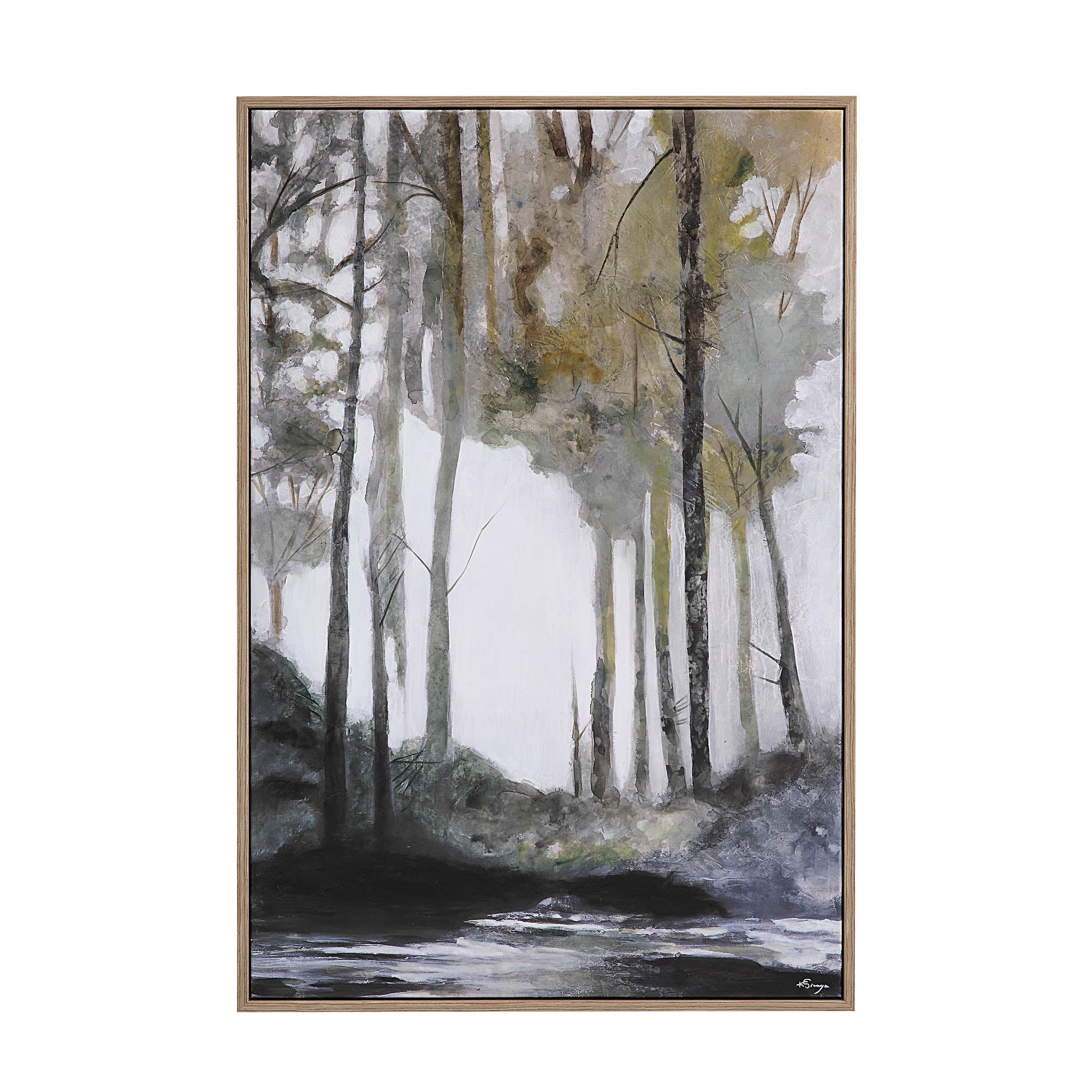 Catania canvas art featuring a serene forest scene in muted colors with tall trees and a river.