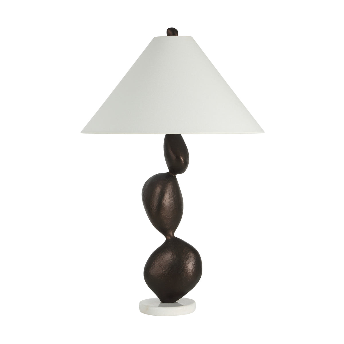 Elle table lamp by Renwil with a brown sculptural base and white cone shade.