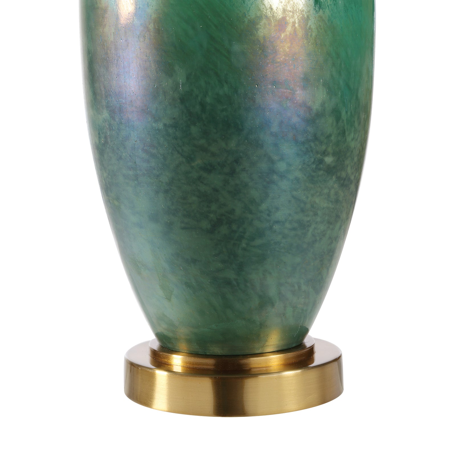 Wave table lamp by Renwil with a green and white gradient glass base and white fabric shade