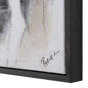 Close-up of Yann canvas art texture, showcasing neutral colors and signature on the edge of the frame.