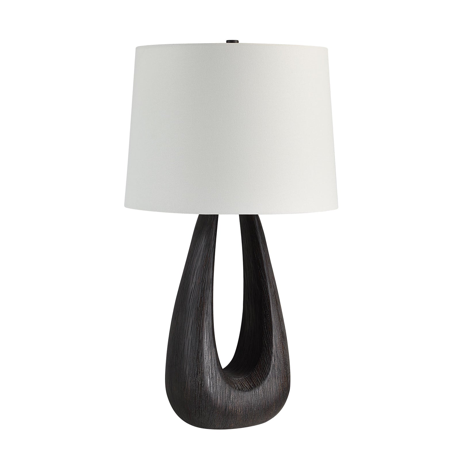 Beckham Table Lamp with a white drum shade and dark wood base in a modern design