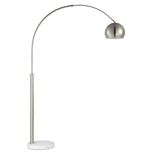 Aglow floor lamp featuring a polished metal shade and a sturdy marble base.