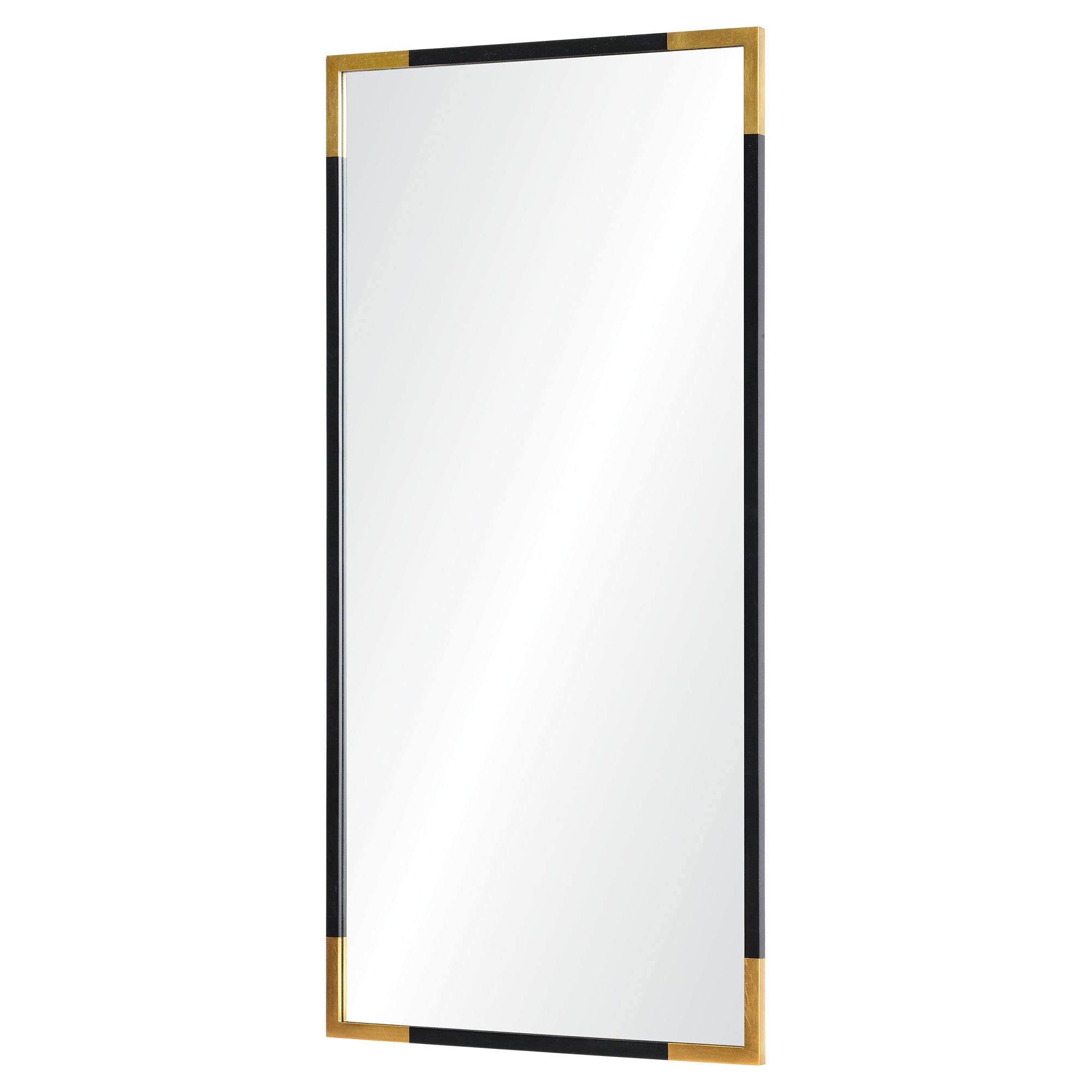 Osmond Wall Mirror angled view showcasing a black frame with gold corners and a large reflective surface.