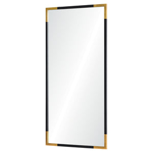 Osmond Wall Mirror angled view showcasing a black frame with gold corners and a large reflective surface.
