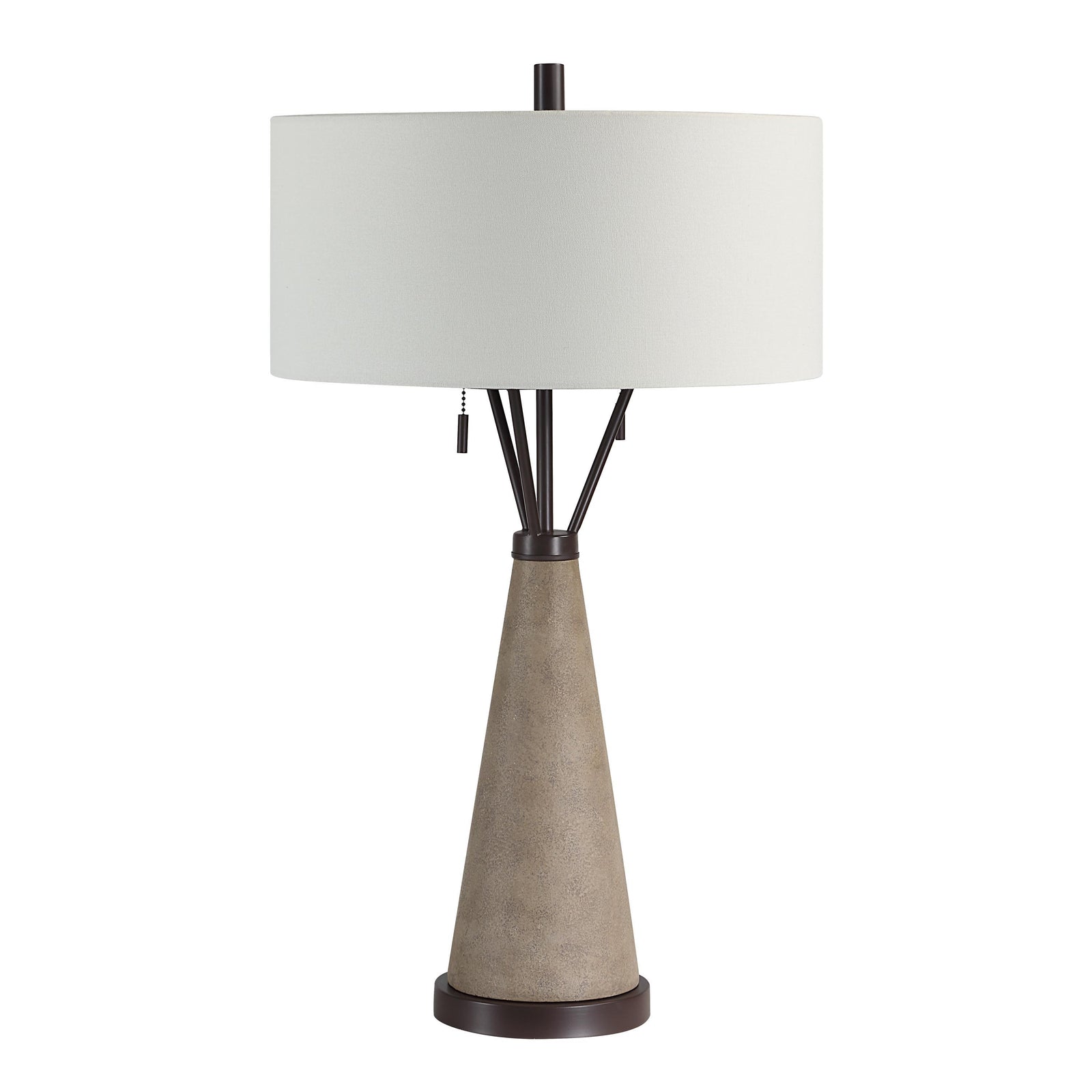 Lourdes Table Lamp featuring a conical gray base and a white drum shade.
