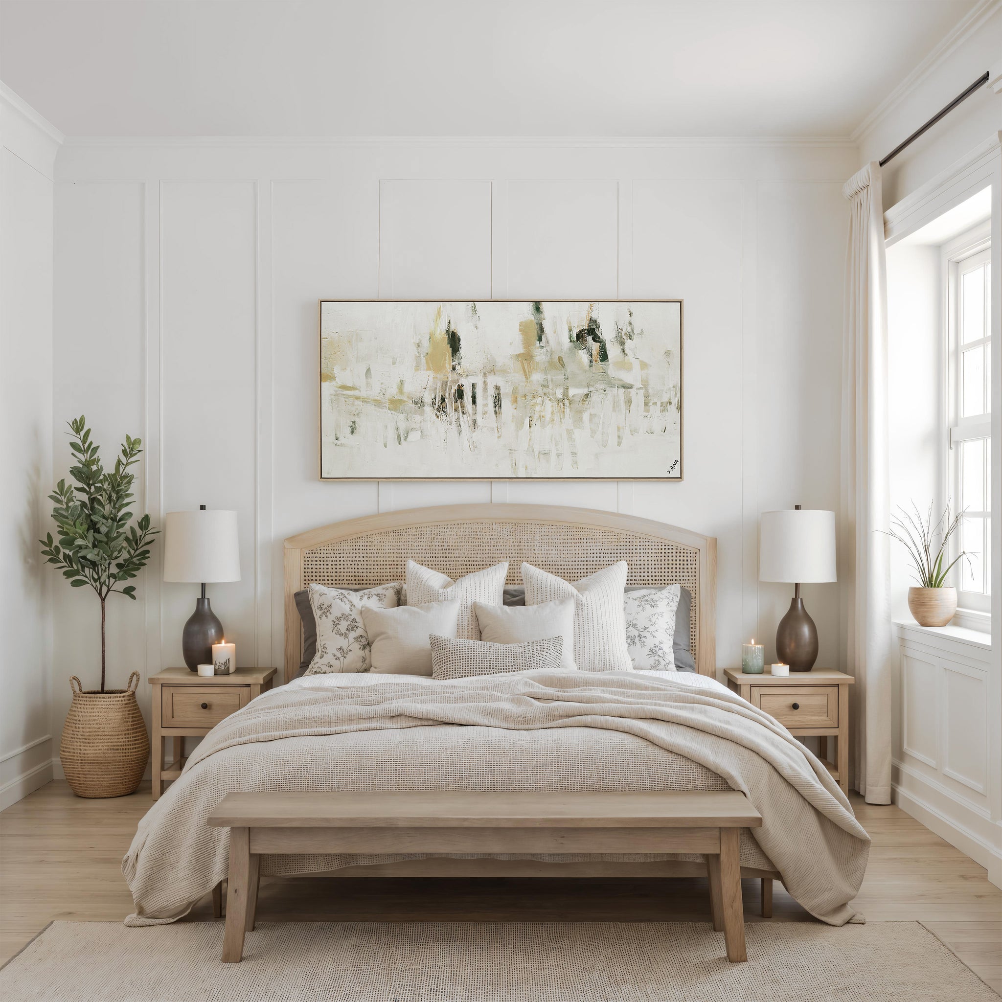 Oriel canvas art hung above a bed in a cozy bedroom setting with neutral decor