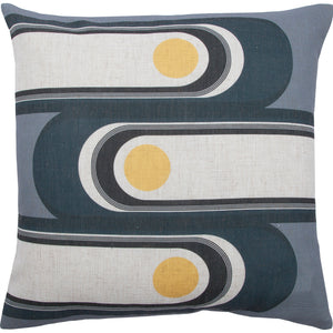 Fatima Indoor Pillow featuring abstract design with blue, yellow, and white colors.