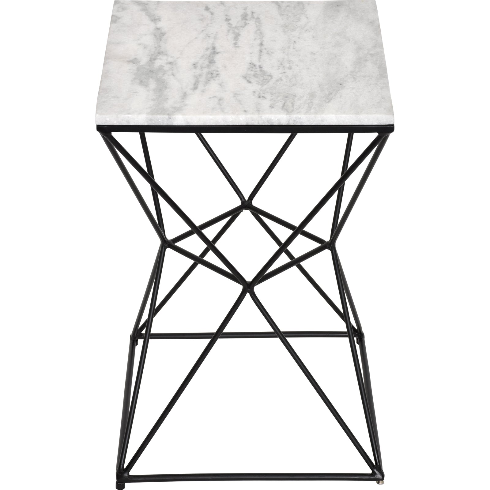 SYMMETRY table with a white marble top and black metal geometric base