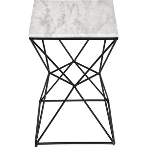 SYMMETRY table featuring a white marble surface and black metal frame from a top view